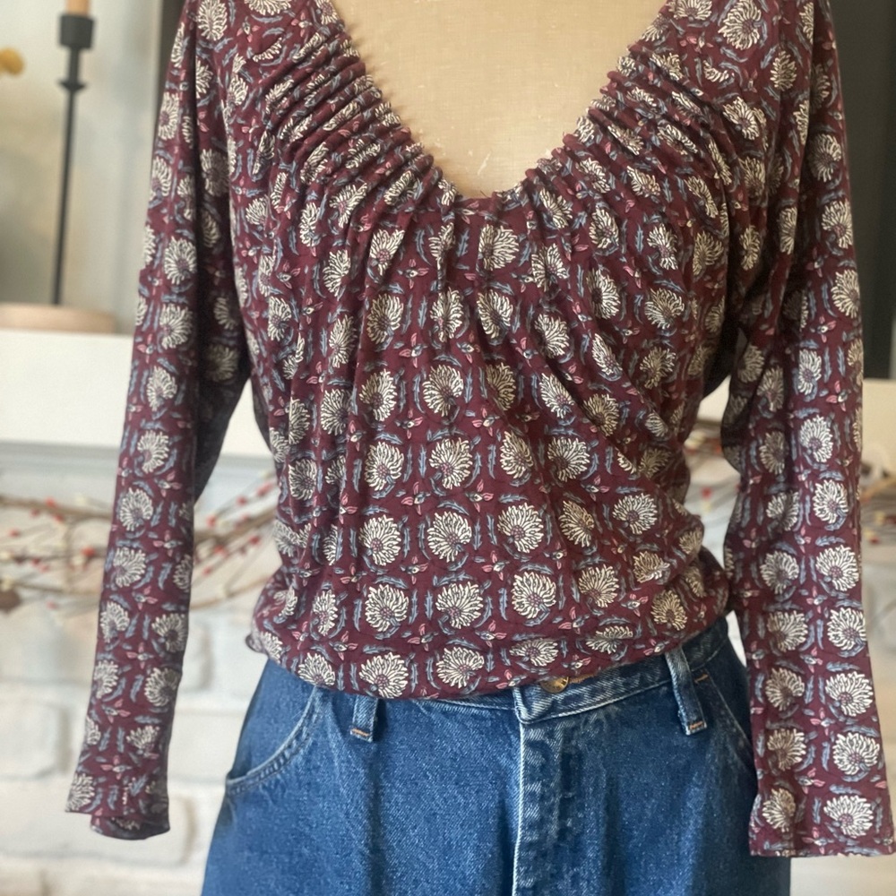 Lucky brand block print bohemian Maroon Floral Women's Top size M